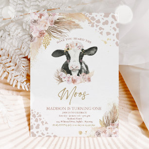 Boho Rosa Blommigt Pampas Grass Cow Födelsedagsfes Inbjudningar