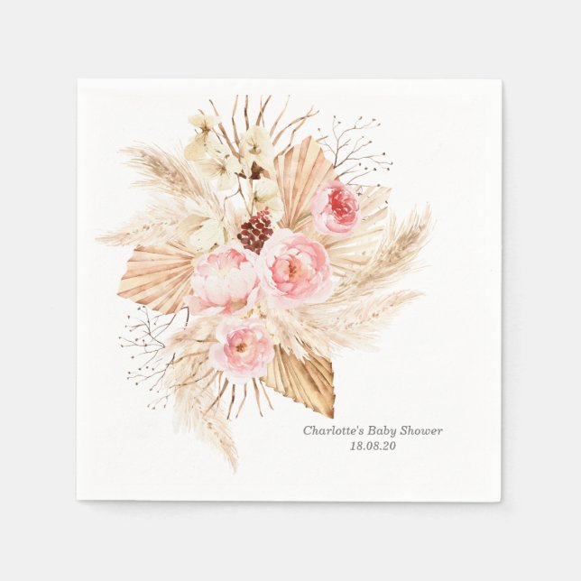 Boho rosa Blommigt Pampas Grass Flicka Shower Pappersservett (Framsidan)