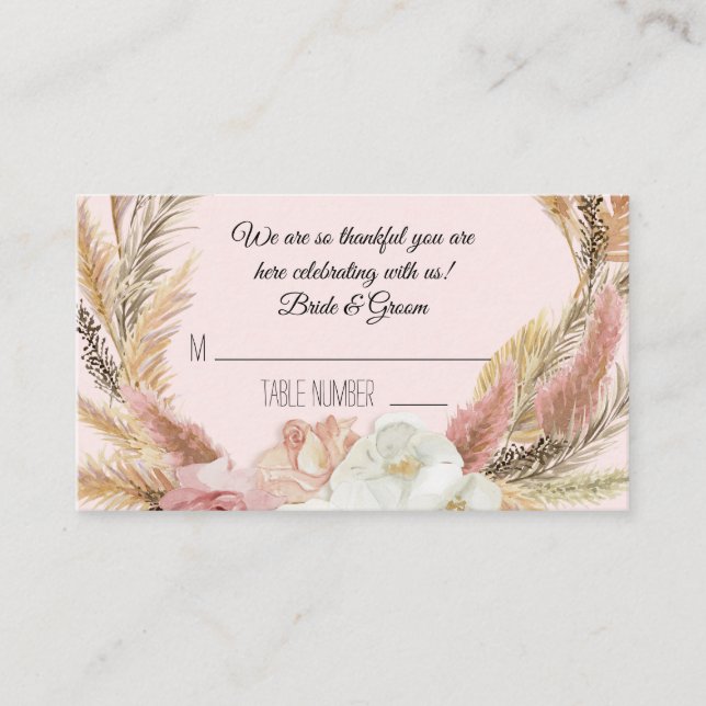 Boho Rosa Blommigt Pampas Grass Handflatan ortkort Placeringskort (Framsida)