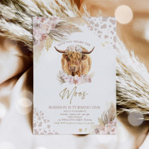 Boho Rosa Blommigt Pampas Grass Highland Cow Party