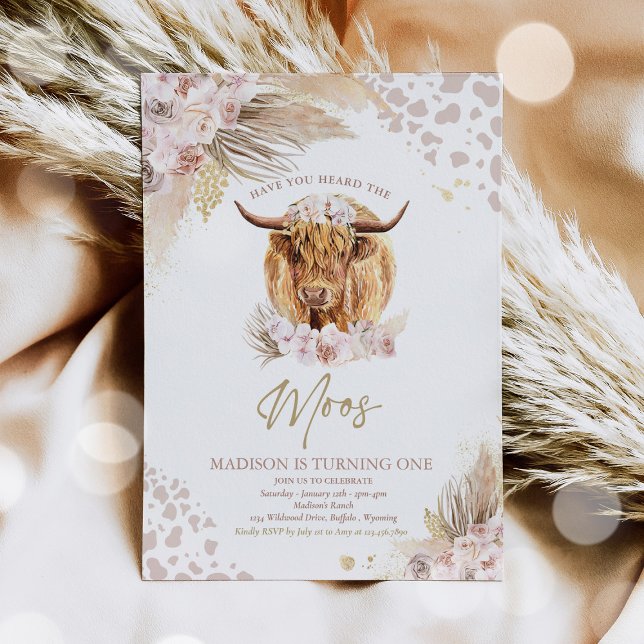 Boho Rosa Blommigt Pampas Grass Highland Cow Party Inbjudningar (Skapare uppladdad)