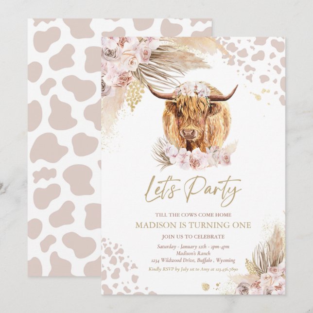 Boho Rosa Blommigt Pampas Grass Highland Cow Party Inbjudningar (Fram/baksida)
