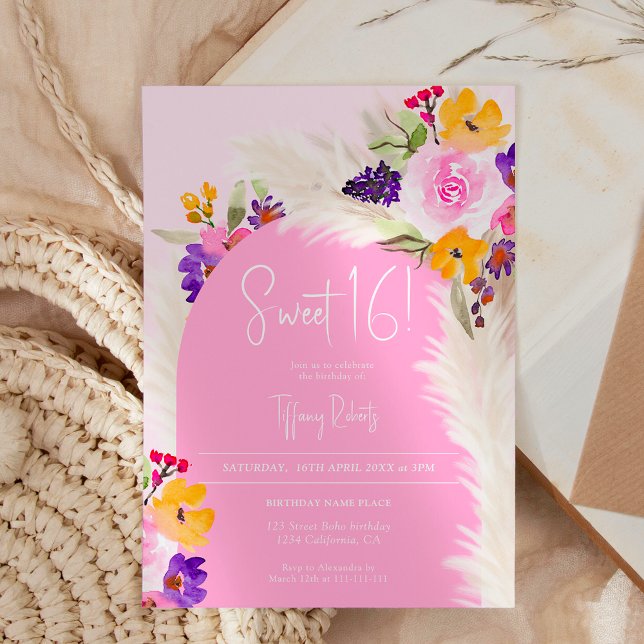 Boho rosa blommigt pampas ökenarch Sweet 16 Inbjudningar (Boho pink floral pampas desert arch Sweet 16 Invitation)