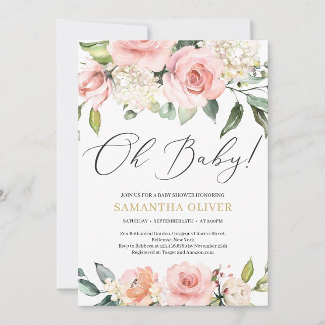 Boho  rosa blommigt peach guld Oh Baby Shower Inbjudningar (Framsida)