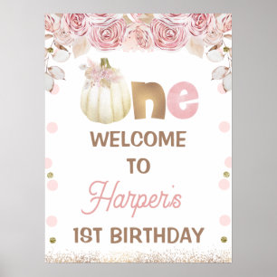 Boho Rosa Blommigt Pumpkin 1:a födelsedagsvälkomst Poster