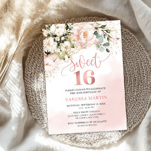 Boho rosa blommigt ro guld sweet sixteen inbjudningar