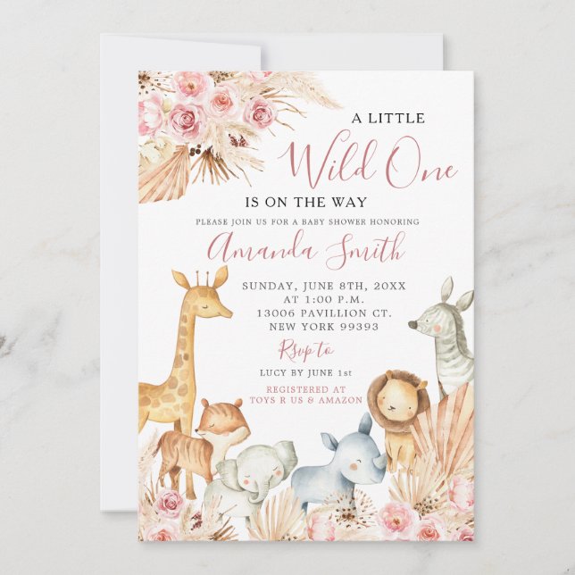 Boho Rosa Blommigt Safari Girl Baby Shower bjudnin Inbjudningar (Framsida)