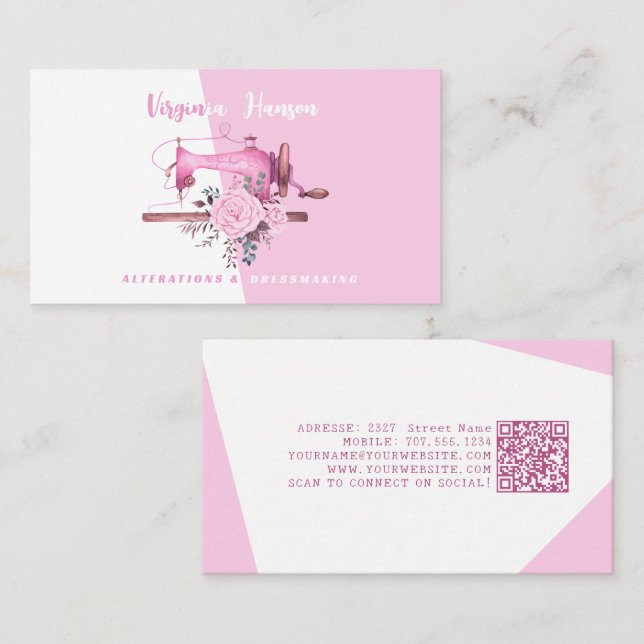 Boho Rosa Blommigt Seamstress Sewing Maskin Tailor Visitkort (Fram/baksida)