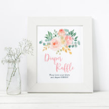 Boho  Rosa Blommigt Shower Diaper Raffle Sign