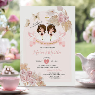 Boho Rosa Blommigt Twin Girl First Heliga Communio Inbjudningar