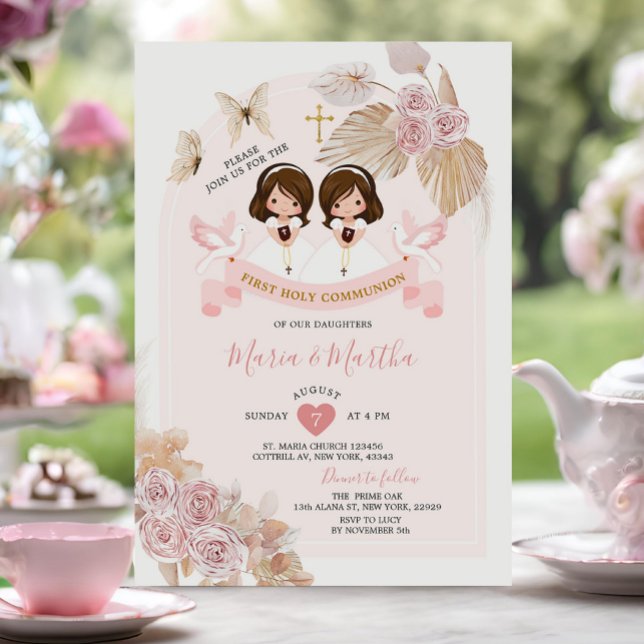 Boho Rosa Blommigt Twin Girl First Heliga Communio Inbjudningar (Skapare uppladdad)