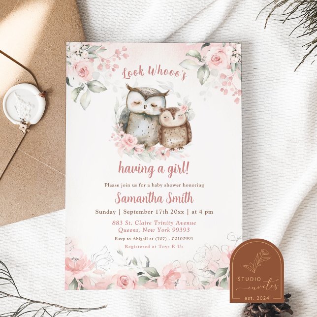 Boho Rosa Blommigt Uggla Baby Shower Inbjudningar (Skapare uppladdad)