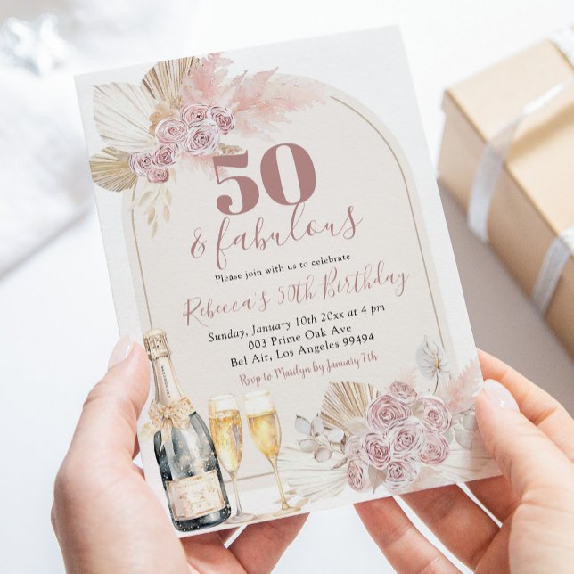 Boho  Rosa Blommigt Vin Vuxen Birthday Inbjudningar (Skapare uppladdad)