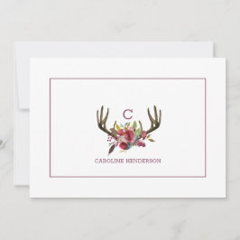 Boho Rosa Blommigt Watercolor Antlers Monogram Anteckningskort