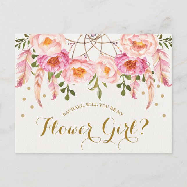 Boho  Rosa Blommigts Flower Girl Frieri Card Vykort (Framsida)