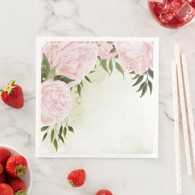 Boho rosa blommor gröna blad botaniska  pappersservett (Insitu)