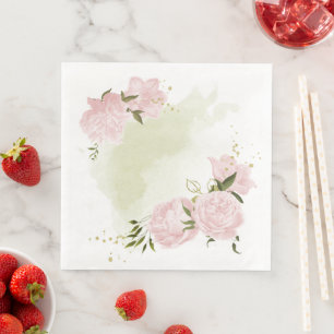 Boho rosa blommor gröna blad botaniska  pappersservett