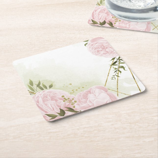 Boho rosa blommor grönt löv botaniska underlägg papper kvadrat (Vinklad)