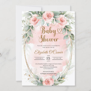 Boho rosa blommor och eukalyptus guld ram inbjudningar