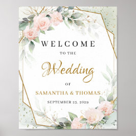 Boho  rosa blommor och eukalyptus och guld poster