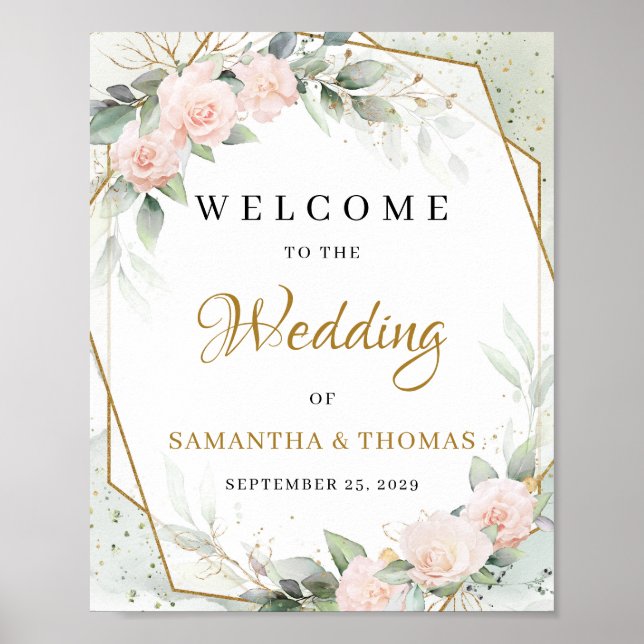 Boho  rosa blommor och eukalyptus och guld poster (Framsidan)