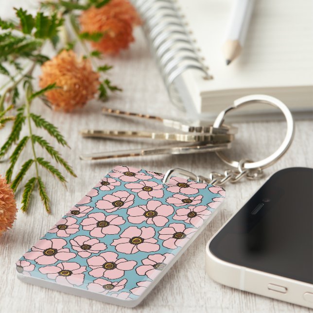 Boho rosa blommor på blå bakgrund  (Högra Framsidan)