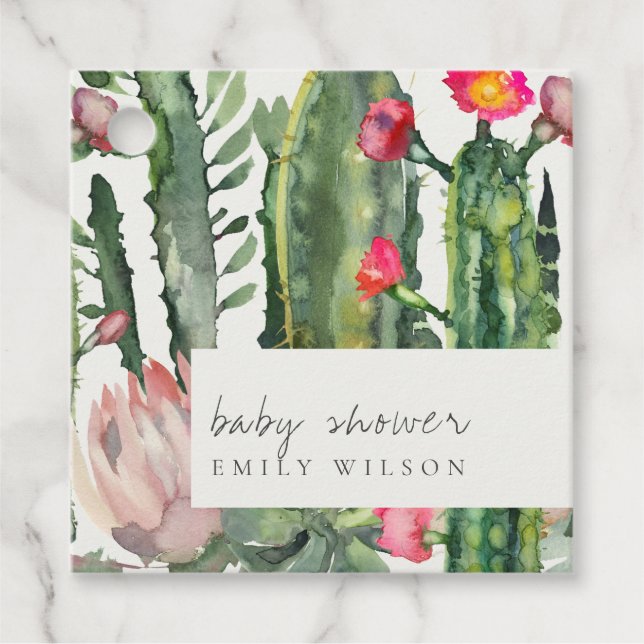 BOHO ROSA BLOMSTER ÖKEN KAKTUS LÖVBABYSHOWER GÅVOR ETIKETTER (Framsida)