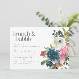 Boho Rosa Blue Blommigt Möhippa Brunch BubLY Showe Inbjudningar