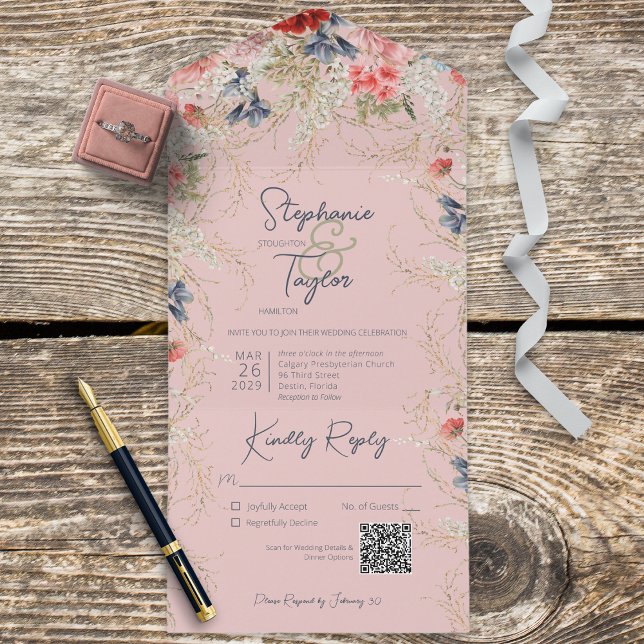 Boho Rosa & Blue Blommigt Rosa QR-kod (Also available without a QR code; with or without dinner selection options.)