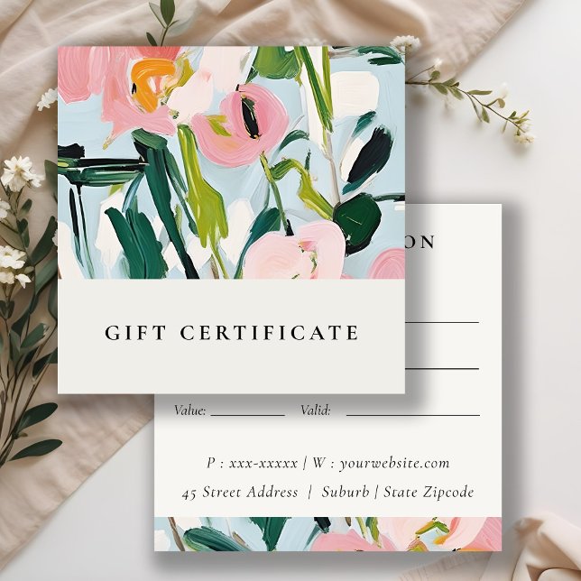 Boho Rosa Blue Painting Blommigt Gift Certificate Fyrkantigt Visitkort (Skapare uppladdad)