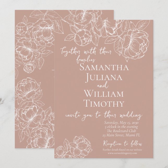 Boho  Rosa Botanisk Blommigt Modern Bröllop Inbjudningar (Fram/baksida)