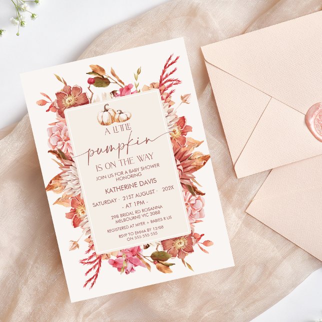 Boho Rosa Brown Fall Little Pumpkin Baby Shower Inbjudningar (Girls Little Pumpkin Baby Shower Invitation Template, Floral Fall Pumpkin Baby Shower Invite Girl)