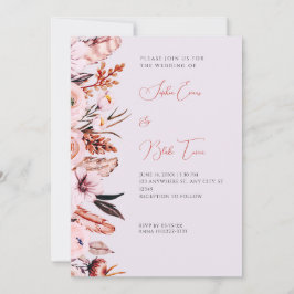 Boho Rosa & Brown Flowers/Feathers Lila Bröllop Inbjudningar