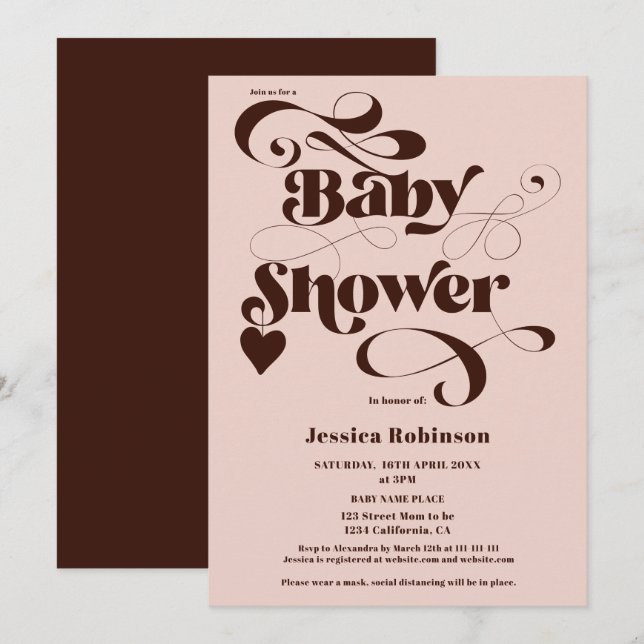 boho rosa brun hjärtskript fold babydusch inbjudningar (Fram/baksida)