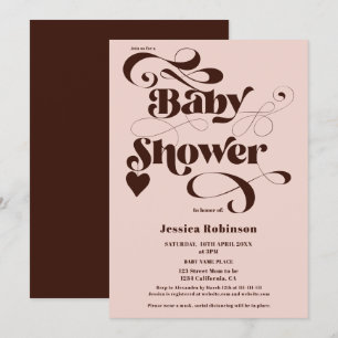 boho rosa brun hjärtskript fold babydusch inbjudningar