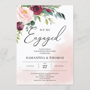Boho rosa burgundy blommigt greenery förlovad inbjudningar