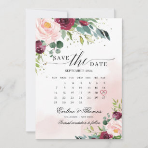 Boho rosa burgundy blommigt - månadskalender spara datumet
