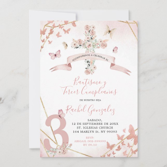 Boho  Rosa Butterfly Baptism och tredje födelsedag Inbjudningar (Framsida)