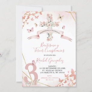 Boho Rosa Butterfly Baptism och tredje födelsedag Inbjudningar