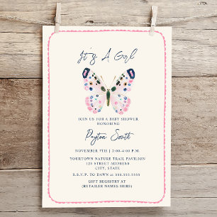 Boho Rosa Butterfly Doodle Gräns Girl Baby Shower Inbjudningar
