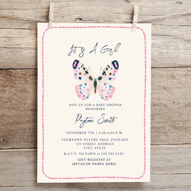 Boho Rosa Butterfly Doodle Gräns Girl Baby Shower Inbjudningar (Skapare uppladdad)