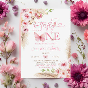 Boho Rosa Butterfly Första födelsedagen Blommigt Inbjudningar