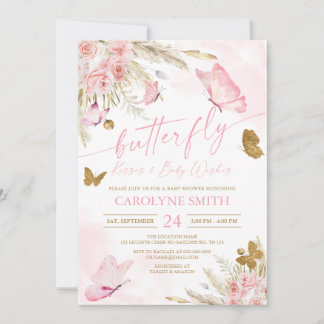 Boho Rosa Butterfly Kisses Baby Shower-inbjudan Inbjudningar