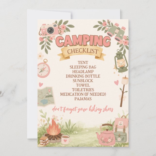 Boho Rosa Camping Checklista  Inbjudningar (Framsida)