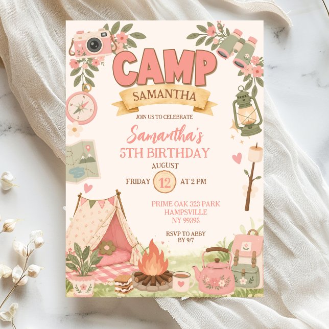 Boho Rosa Camping Tema Flickas Födelsedag Inbjudningar (Skapare uppladdad)