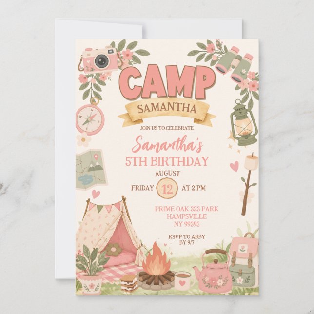 Boho Rosa Camping Tema Flickas Födelsedag Inbjudningar (Framsida)