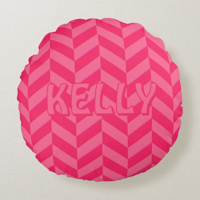 Boho Rosa Chevron Ikat Inspired Mönster Red Accent Rund Kudde (Framsidan)