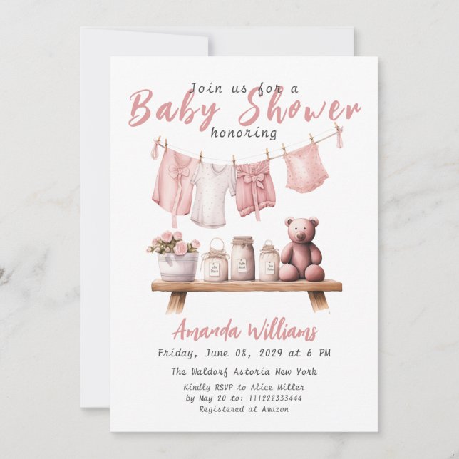 Boho Rosa Clothesline Sweet Flicka Baby Shower Inbjudningar (Framsida)