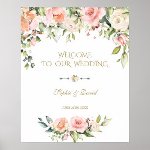 Boho Rosa Cream Flowers Välkommen Bröllop-signatur Poster