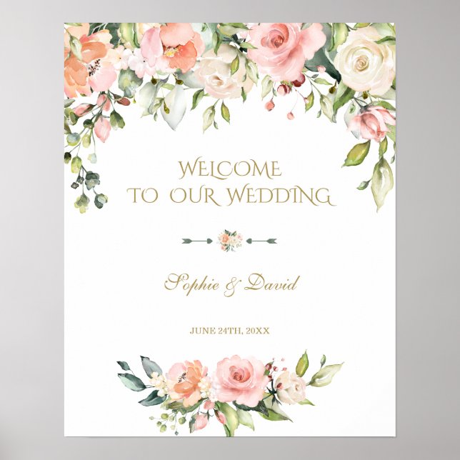 Boho Rosa Cream Flowers Välkommen Bröllop-signatur Poster (Framsidan)